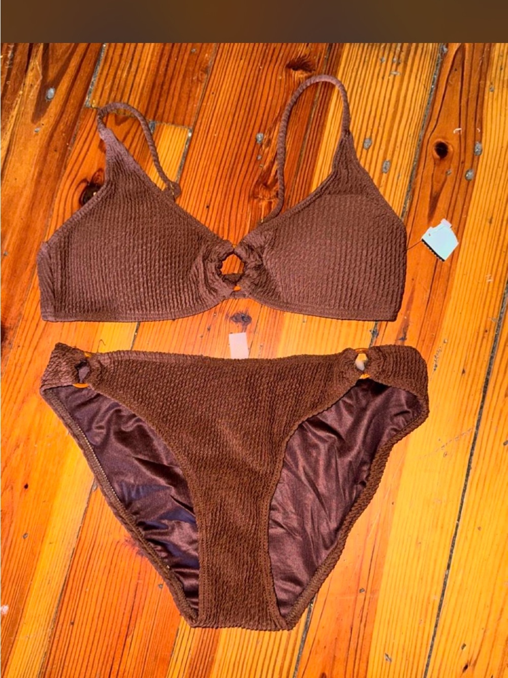 SHEIN Brown Textured Ring-Accent Bikini Set